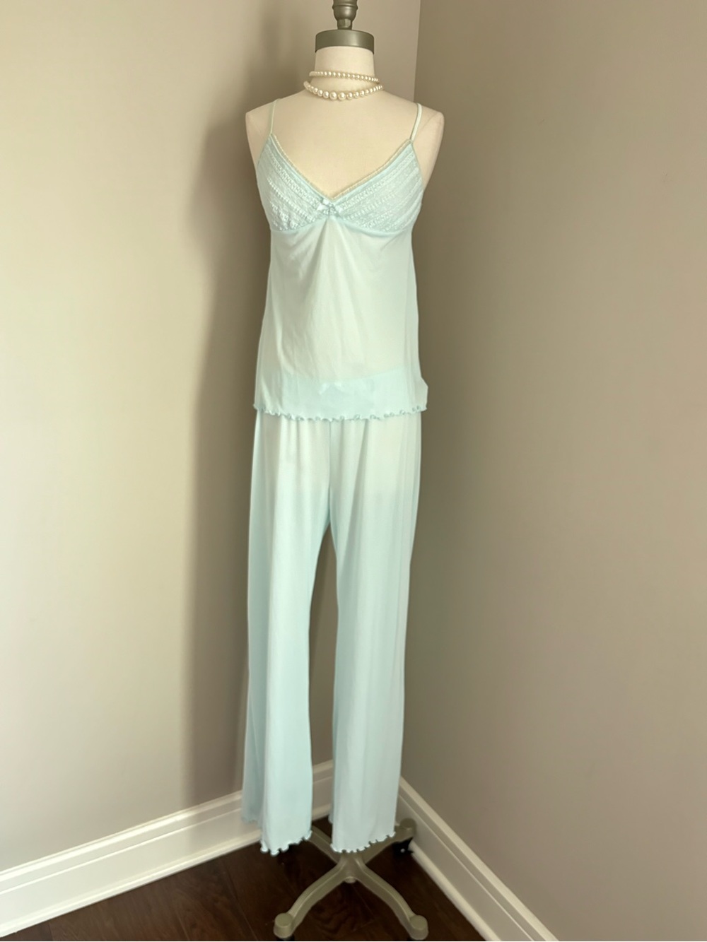 Y2K Victoria's Secret  Light Blue Lace-Trim Nylon Camisole & Pant Sleep Set
